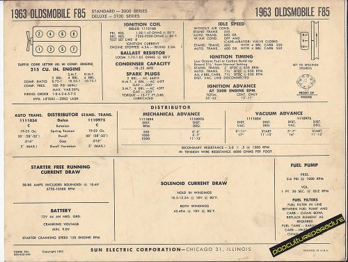 1963 oldsmobile f85 standard/deluxe 215 ci v8 car sun electronic spec sheet