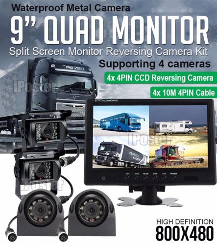 9&#034; quad monitor + 4x metal case 4pin side view reversing ccd camera night vision