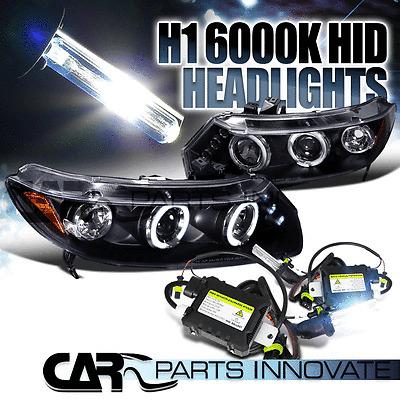 06-11 civic 2dr black halo led projector headlights+h1 6000k hid conversion kit