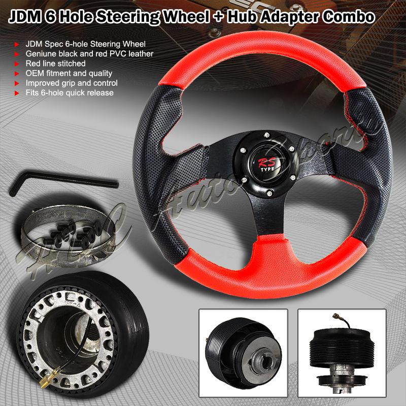 320mm jdm black & red pvc leather 6-hole steering wheel+84-94 ford mustang hub
