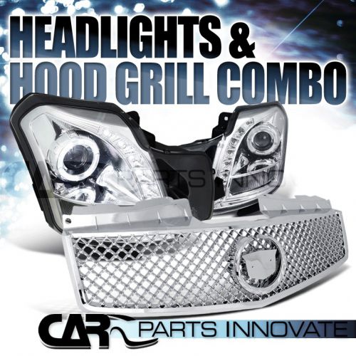 2003-2007 cadillac cts chrome smd led halo projector headlights+mesh hood grille