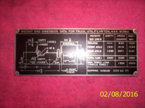 Vintage collector wwii military jeep m38a1 weight and dimention data plate