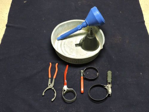 4 engine oil filter wrenches, drip pan, &amp; 2 funnels