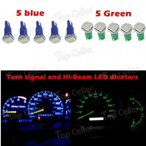 10x t5 74 wedge turn signal hi-beam indicator led light bulb kit blue green
