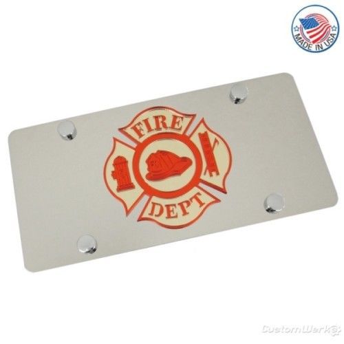 Fire department logo on stainless steel license plate