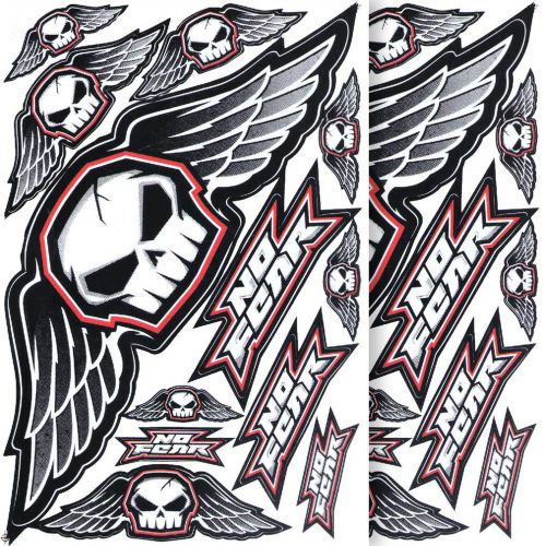 2sheet metallic silver skull head wing fly no fear decal sticker print die-cut