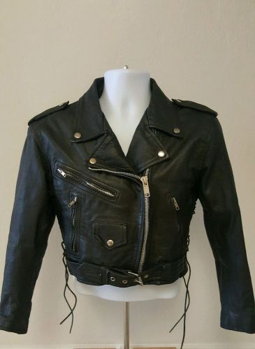 Womens black leather unik international motorcycle riding jacket size large