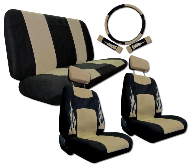 Velour fabric tan black flame sport racing car seat covers 9pc pkg #g