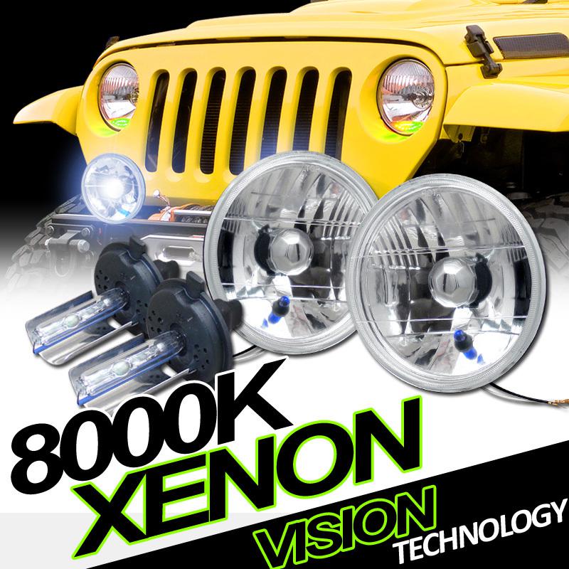 H4 8000k xenon hid+7" round chrome housing glass lens headlights left+right 14