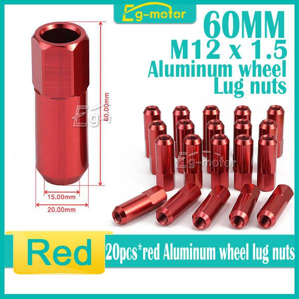 20x red 60mm 7075 billet aluminum extended tuner lug nuts lugs for wheels/rims