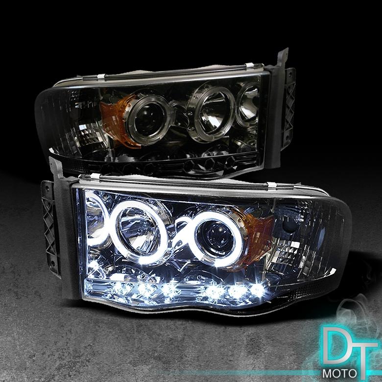 Smoked 02-05 dodge ram dual halo projector led headlights lights lamp left+right