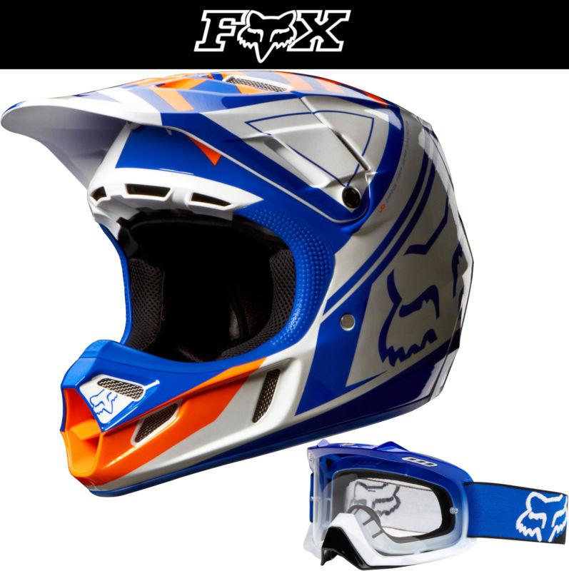 Fox racing v4 intake blue white dirt bike helmet w/ blue fade airspc goggle 2014