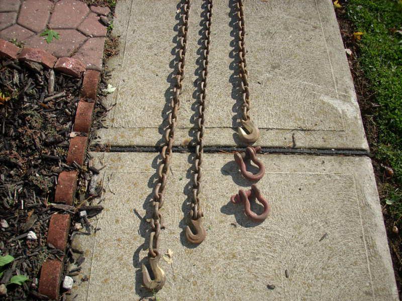 3  13' chains 3/8 & 5/16 /w  grab hooks  log tow chain 
