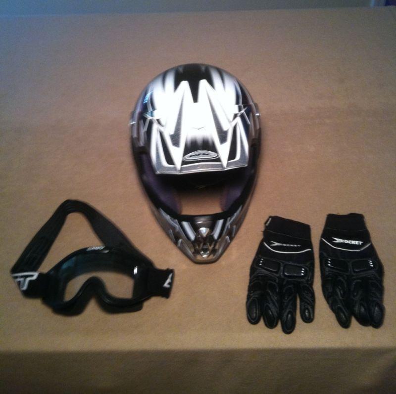 Kbc motocross helmet bundle with rocket racing gloves, scott eye goggles dot