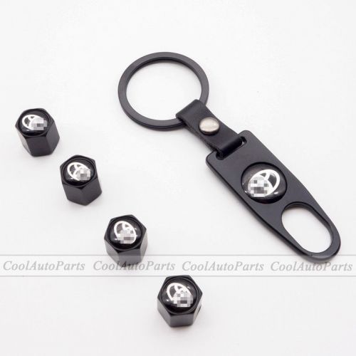 Metal black car wheel airtight tire stem air valve dust caps keychain for toyota