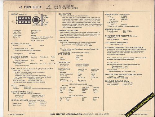 1969 buick v8 400 ci / 340 hp 4 bbl engine car sun electronic spec sheet