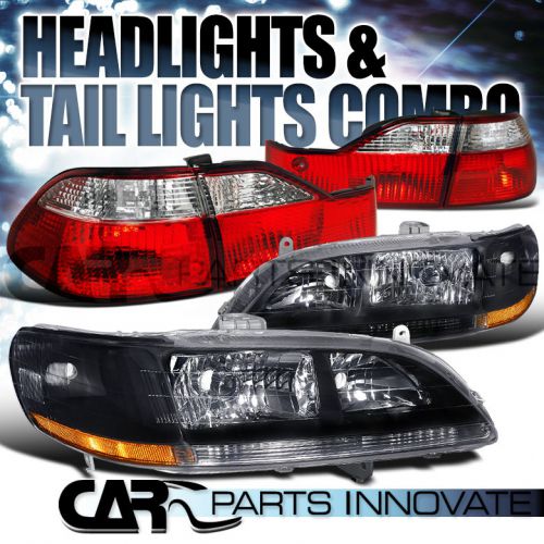Fit 1998-00 honda accord 4dr sedan black crystal headlights+red clear tail lamps