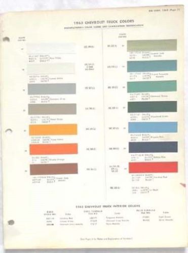 1963 chevrolet truck dupont  color paint chip chart all models original