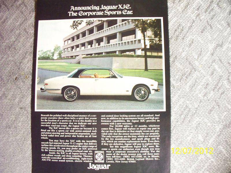 1976 jaguar xk-c  v-12  in original, rare ad from '75! -frame it for a gift!