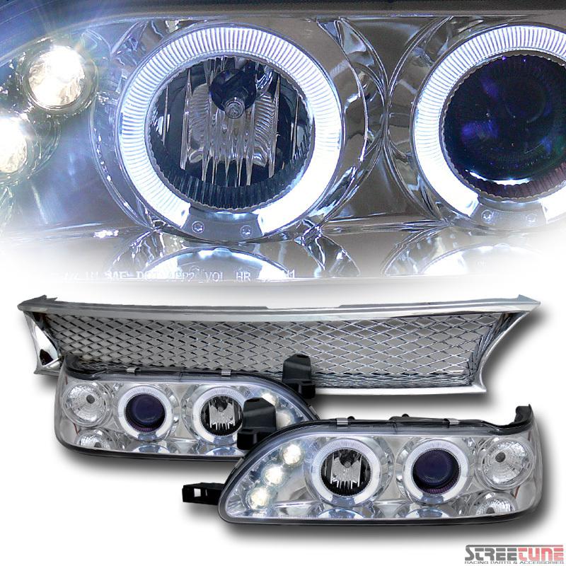 Chrome halo led projector headlights+hood mesh grill grille 93-97 toyota corolla