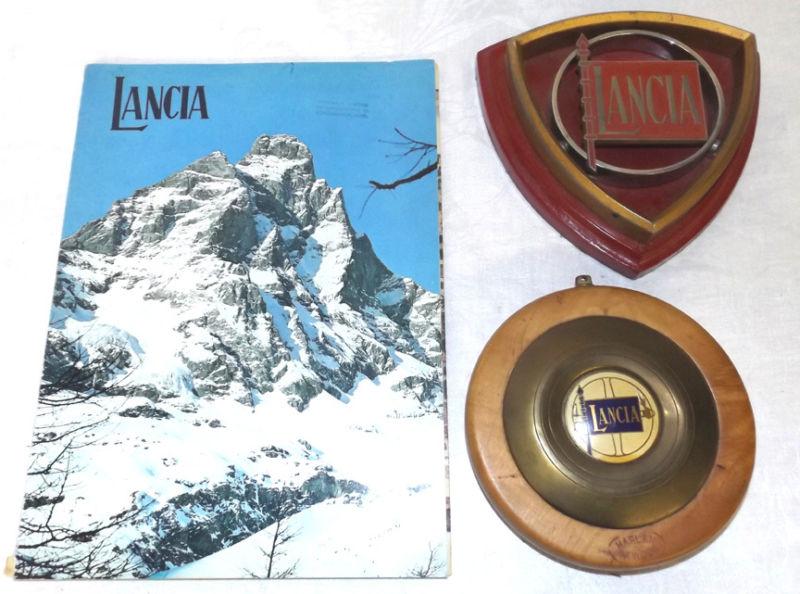2 used vintage lancia emblems + 1967 lancia magazine