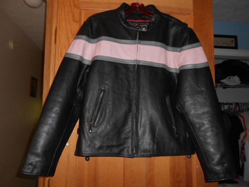  leather king biker jacket w/lining new black with pink stripe ladies s xl 100 %