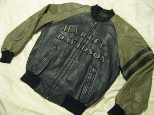 Harley davidson leather jacket tan black bomber varsity motorcycle biker s - m