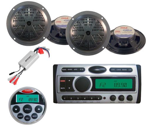 New pldmr87 cd am fm receiver+marine remote, 4x 5.25&#034; black marine speakers,amp