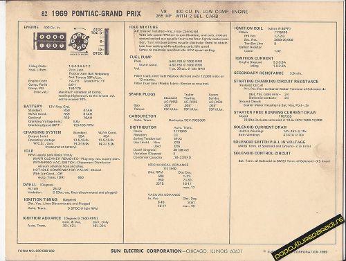 1969 pontiac grand prix v8 400 ci / 265 hp engine car sun electronic spec sheet