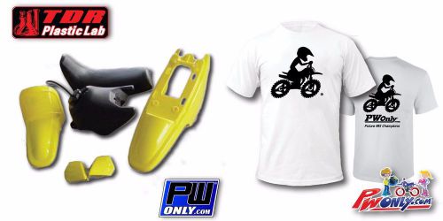 Pw50 pw 50 yamaha yellow fender plastic kit, black seat &amp; tank, free pw t shirt
