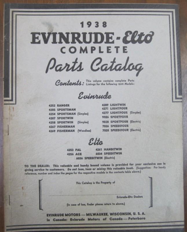 1938 evinrude – elto complete outboard motor parts catalog original