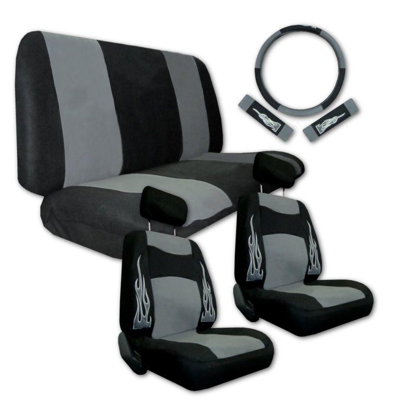 Synthetic leather grey black flame sport racing car seat covers 9pc pkg #i