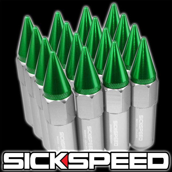 16 polished/green spiked 60mm  aluminum extended tuner lug nuts wheel 10x1.25 c