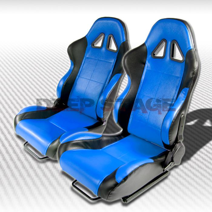 Blue and black polyvinyl full reclinable type-5 style racing seats pair+sliders