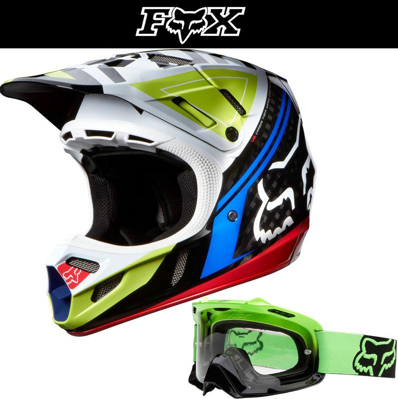 Fox racing v4 intake black red dirt bike helmet w/ day glow green airspc goggle