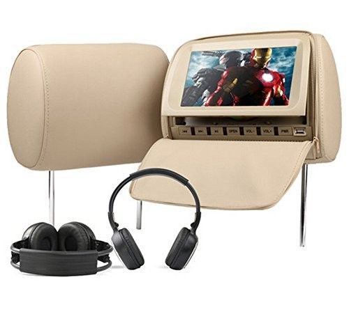 Pair  2x 9&#034; digital hd car pillow headrest dvd player monitor beige+ir headphone