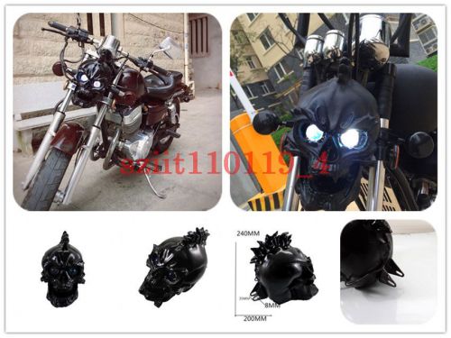 Black universal motorcycle skull headlight with light in eyes resin custom lamp