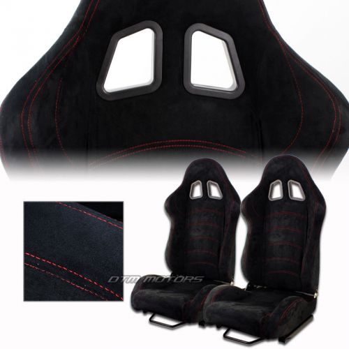 2x black suede red stitching type-1 style reclinable racing seats with sliders a