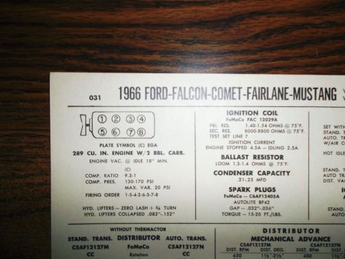 1966 ford, falcon, fairlane, comet &amp; mustang eight 289 ci v8 2bbl tune up chart