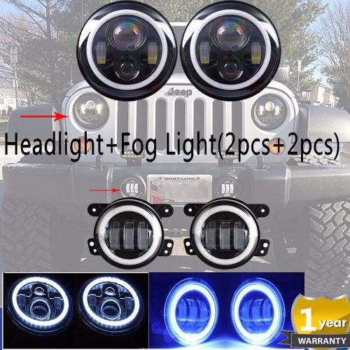 7&#034; round led headlight+4&#034; 30w led fog light halo angel eye drl jeep wrangler jk