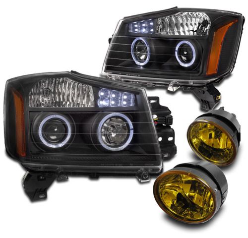 Halo led projector headlight black +fog lamp yellow for 04-15 titan/05-07 armada