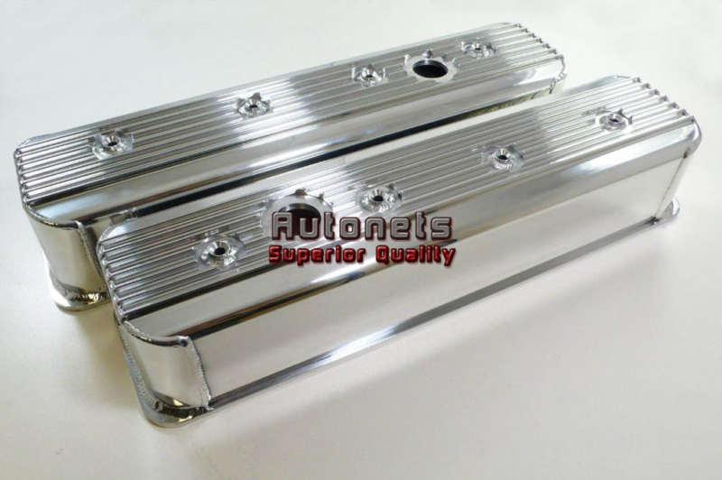 Sbc center bolt polished fabricated finned aluminum v8 302 valve cover hot rod