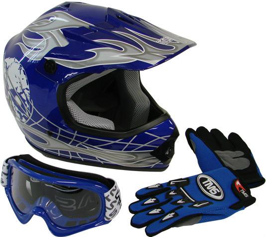 Youth kids motocross dirt bike blue silver skull helmet w/goggles+gloves~s m l