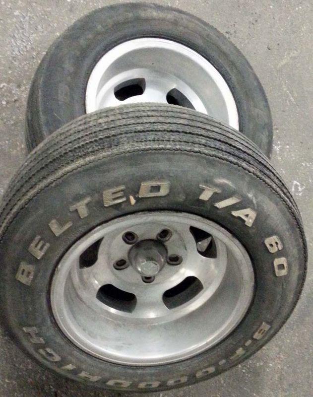 Pair (2) real e-t aluminum 15 x 10" unilug dish wheels from 60's w/ bfg tires