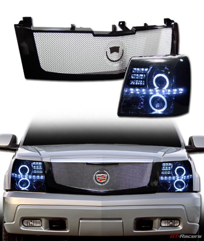 Silver halo led projector head light+aluminum mesh grill grille blk 02+ escalade