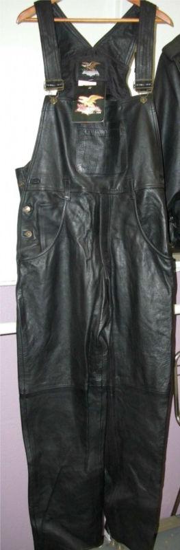 Men's black thick leather biker motorcycle bib overalls new size xl