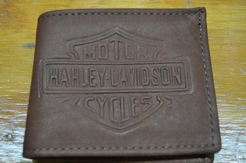 Harley-davidson brown bi-fold leather wallet, embossed bar & shield made in usa.