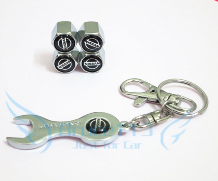 New steam air valve tire tyre caps set for nissan white chrome wrench key chain