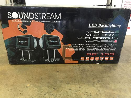 Soundstream vhd-9gr pair of gray 8.8&#034; lcd dvd monitor headrest w/ 2 headphones