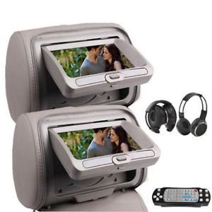 Gray dual 7 inch car headrest dvd player radio tv monitor fm game ir headphones